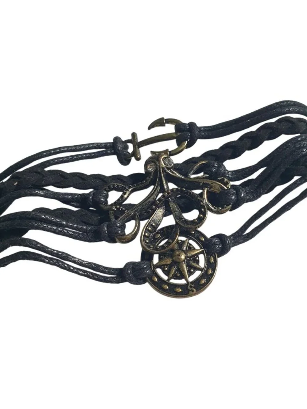 Black Leather Nautical Charm Bracelet Adjustable Anchor Compass Pendant Layered